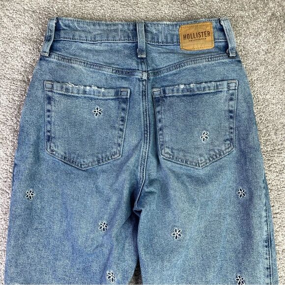 Hollister Dad Jeans Women’s 25 Short Blue Straight High Rise Flower Embroidered - Picture 4 of 12